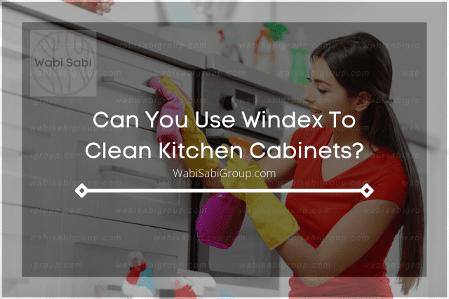 A woman cleaning her kitchen cabinet with Windex (glass) gleaner